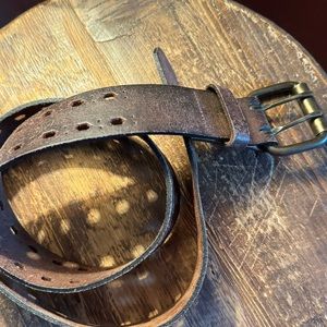 Vtg M dbl tongue belt. Naturally distressed, full of character and worn w/love.